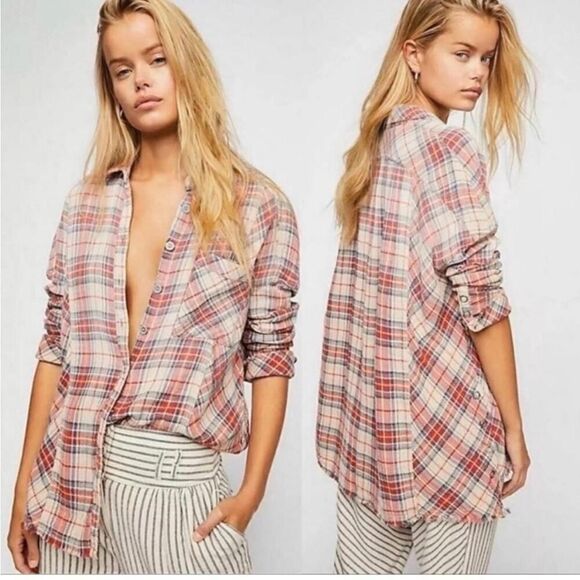 Free People Juniper Red plaid raw hem snap button front flannel shirt Small - Picture 1 of 6